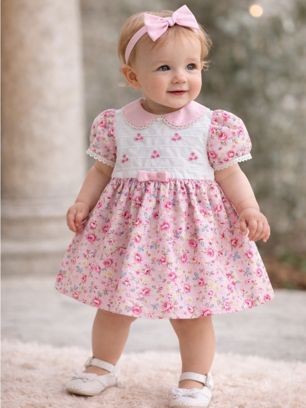 Pink Floral Baby Dress with Peter Pan Collar